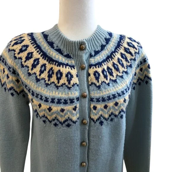 Vintage Wool Nordic Fair Isle Ski Sweater Button front cardigan size medium - Picture 2 of 4